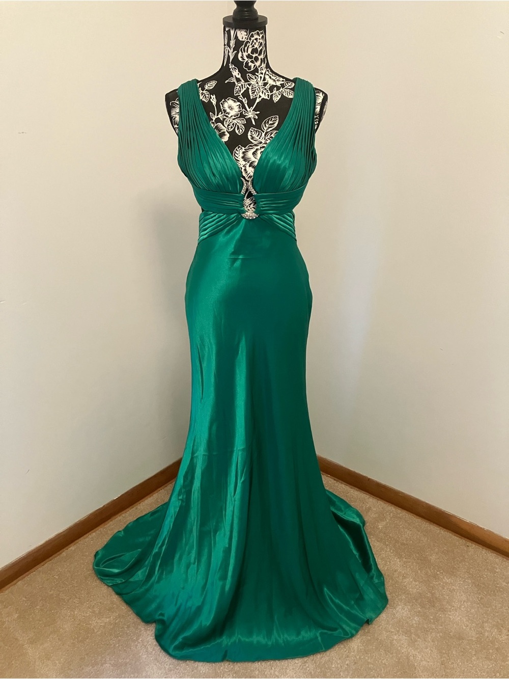 La Femme Emerald Green Plunging V-Neck Satin Gown